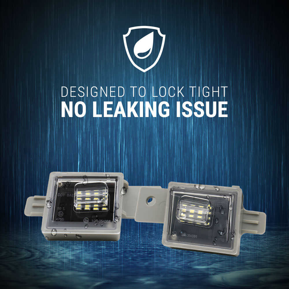 Two rectangular LED light units with gray housings and visible internal LED arrays, shown against a dark blue rain-styled background with white text reading 'DESIGNED TO LOCK TIGHT NO LEAKING ISSUE' and a shield icon.