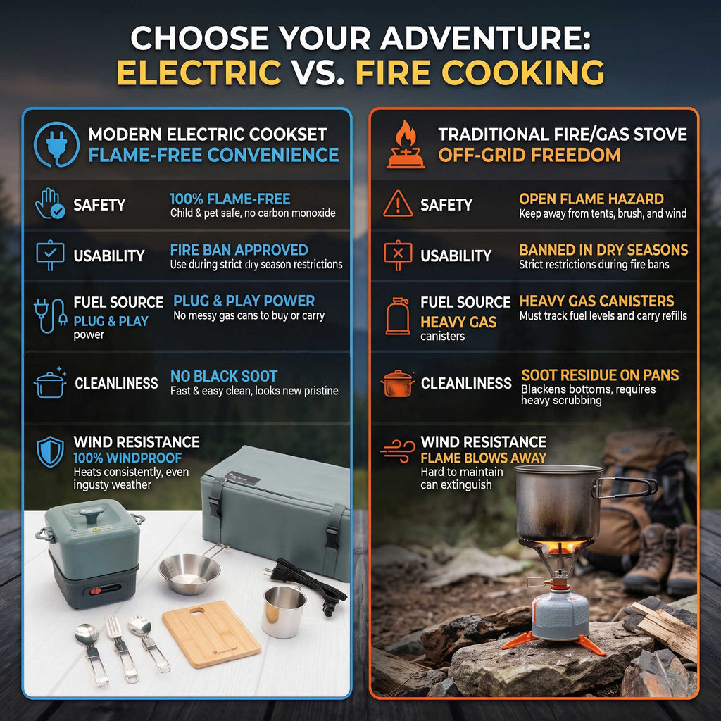 An infographic comparison graphic titled 'CHOOSE YOUR ADVENTURE: ELECTRIC VS. FIRE COOKING' with blue and orange columns comparing features of an electric cookset versus a traditional fire/gas stove.