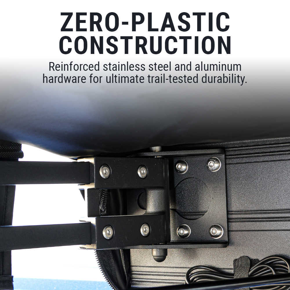 Close-up of a roof rack system with text highlighting zero-plastic construction using stainless steel and aluminum.