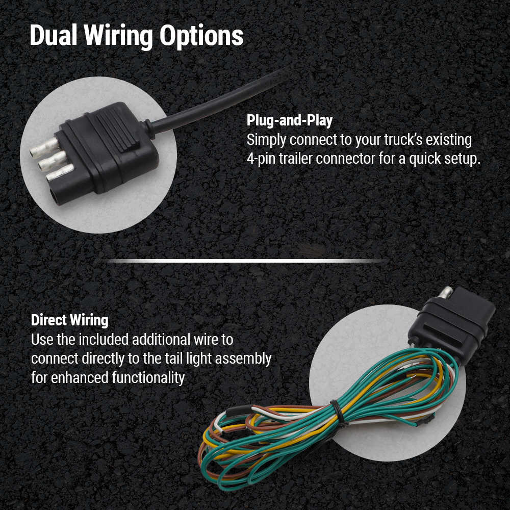An informational product graphic showing two wiring options for a trailer light adapter: Plug-and-Play with a black 3-pin connector, and Direct Wiring with a multi-colored wire harness. The text explains how to connect to a truck's trailer connector or tail light assembly on a dark textured background.