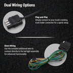 An informational product graphic showing two wiring options for a trailer light adapter: Plug-and-Play with a black 3-pin connector, and Direct Wiring with a multi-colored wire harness. The text explains how to connect to a truck's trailer connector or tail light assembly on a dark textured background.