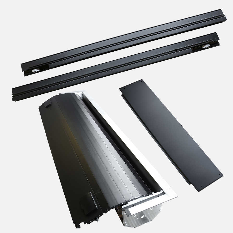 Set of black metal components on a white background