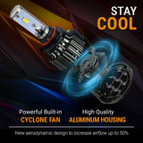 Car headlight with cyclone fan and aluminum housing on a dark background