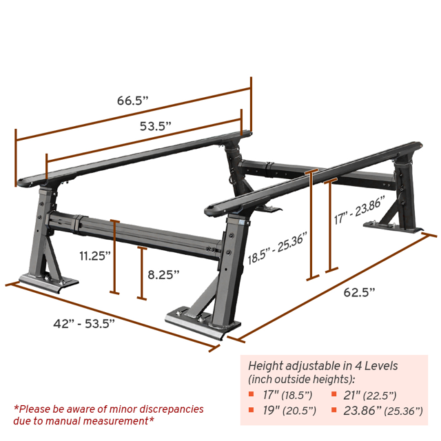 Measurement chart of a aluminum ladder rack system