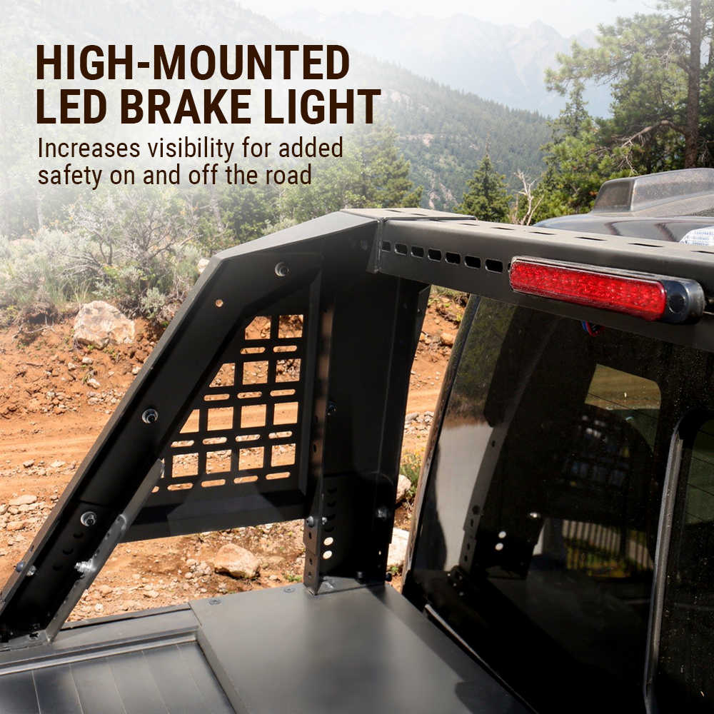 High-mounted LED brake light on a vehicle with a mountainous background