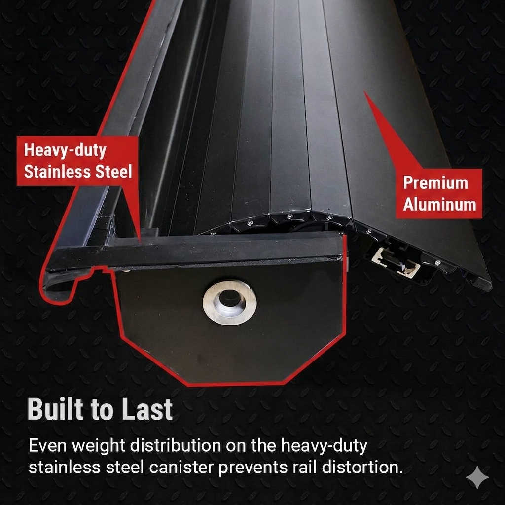 Close-up of a metal product with 'Heavy-duty Stainless Steel' and 'Premium Aluminum' labels on a black background.