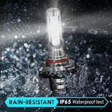 z2 series headlight bulb with water splashes and text indicating rain-resistant and IP65 waterproof test.