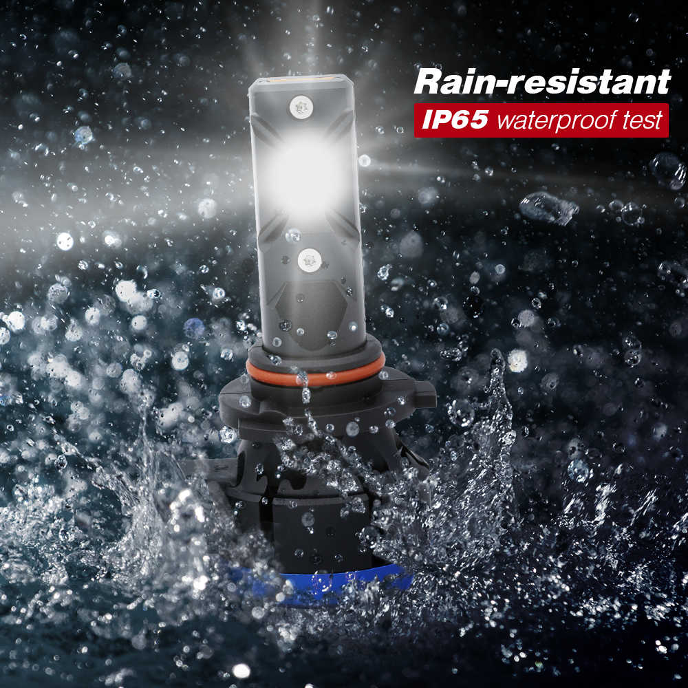 headlight bulb with water splashes and 'Rain-resistant IP65 waterproof test' text on a dark background
