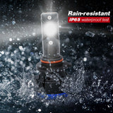 headlight bulb with water splashes and 'Rain-resistant IP65 waterproof test' text on a dark background