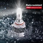 Car headlight bulb with water splashes and 'Rain-resistant IP65 waterproof test' text on a dark background