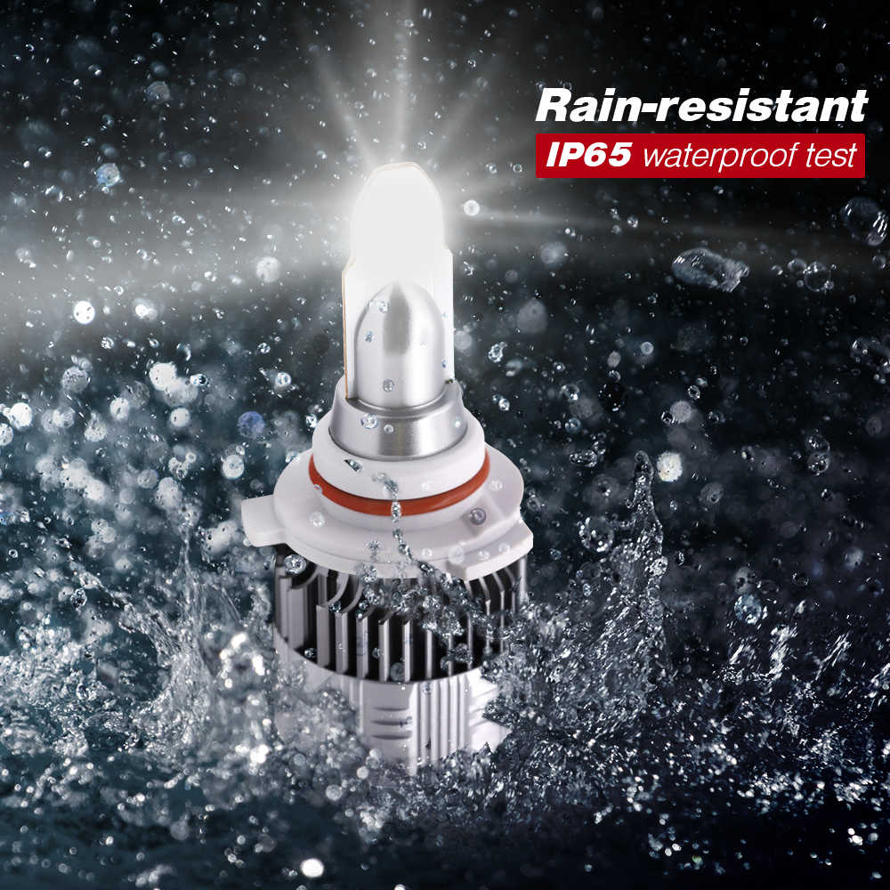 Car headlight bulb with water splashes and 'Rain-resistant IP65 waterproof test' text on a dark background