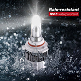 Car headlight bulb with water splashes and 'Rain-resistant IP65 waterproof test' text on a dark background