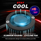 Cyclone fan with thermal imaging graphic and text 'Stay Cool' on a dark background