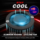 Cyclone fan with thermal imaging graphic and text 'Stay Cool' on a dark background