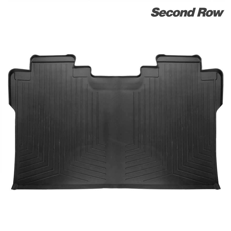A black rubber cargo liner mat for a vehicle's second row trunk, shown from a top-down view on a white background with 'Second Row' text in the upper right.