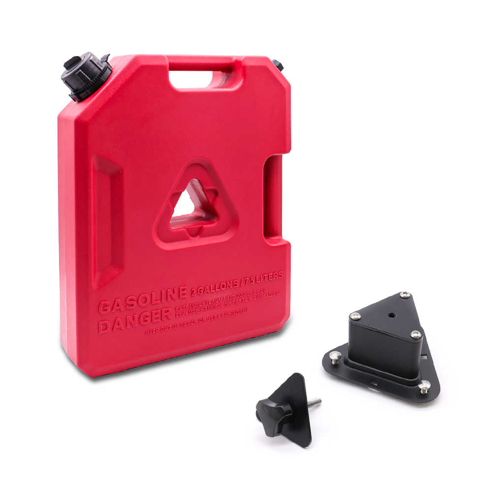 Red 2-gallon gasoline can with mounting bracket for truck or SUV fuel storage