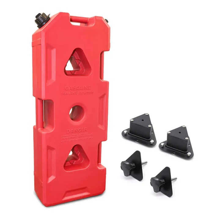 Red 8-gallon gasoline can with mounting brackets for truck or off-road use