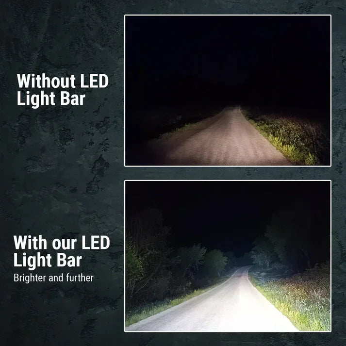 A comparison graphic showing a nighttime road scene with two panels. The top panel is labeled 'Without LED Light Bar' and shows a dark, low-visibility view of the road.