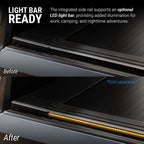 Before-and-after comparison showing an optional LED light bar mounted on the side rail of a black vehicle. The top image is labeled 'Before' and shows no illuminated light bar.