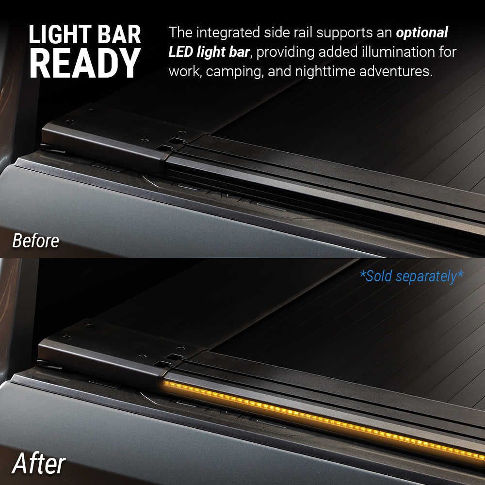 Before-and-after comparison showing an optional LED light bar mounted on the side rail of a black vehicle. The top image is labeled 'Before' and shows no illuminated light bar.