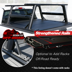 Black truck bed cover with strengthened rails and off-road features, shown on a vehicle.