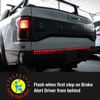 Rear view of a white pickup truck with a red LED safety flash bar illuminated across the bumper, plus a text overlay explaining the safety function.
