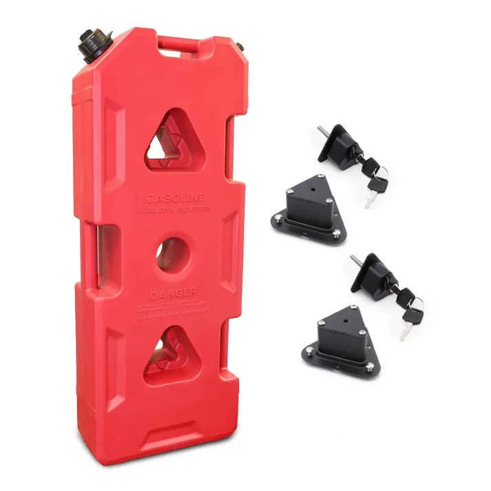 Red 8-gallon gasoline can with lockable cap and mounting bracket for truck or off-road use