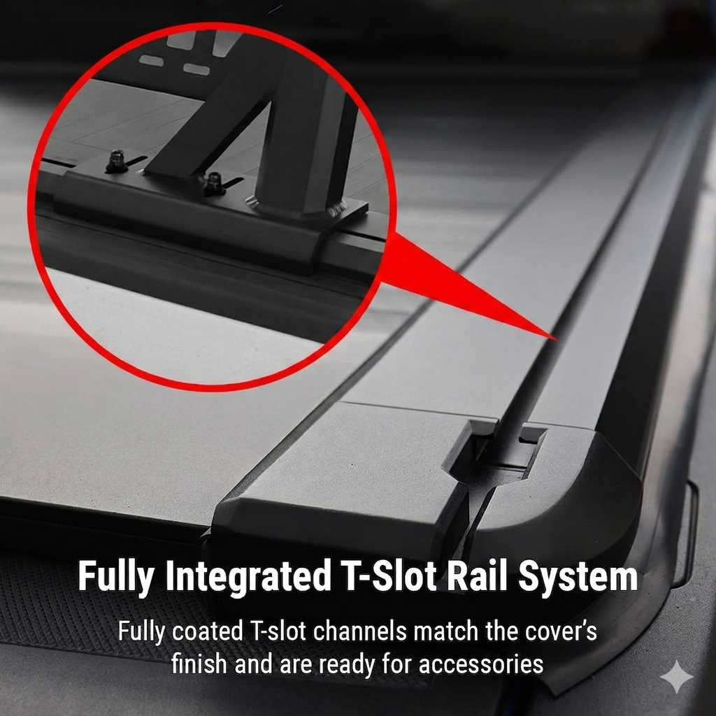 Car roof rack with T-slot rail system and close-up detail on a dark background