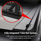 Car roof rack with T-slot rail system and close-up detail on a dark background
