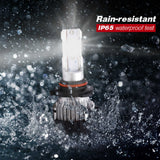 Car headlight bulb with water splashes and 'Rain-resistant IP65 waterproof test' text.