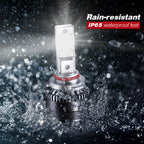 Car headlight bulb with water splashes and 'Rain-resistant IP65 waterproof test' text.