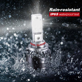 Car headlight bulb with water splashes and 'Rain-resistant IP65 waterproof test' text.
