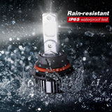 Car headlight bulb with water splashes and 'Rain-resistant IP65 waterproof test' text.