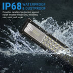 A waterproof rectangular LED light bar shown diagonally in splashing water, with large text reading 'IP68 WATERPROOF & DUSTPROOF' and descriptive copy about protection against rain, sand, and snow.