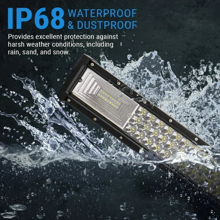 A waterproof rectangular LED light bar shown diagonally in splashing water, with large text reading 'IP68 WATERPROOF & DUSTPROOF' and descriptive copy about protection against rain, sand, and snow.