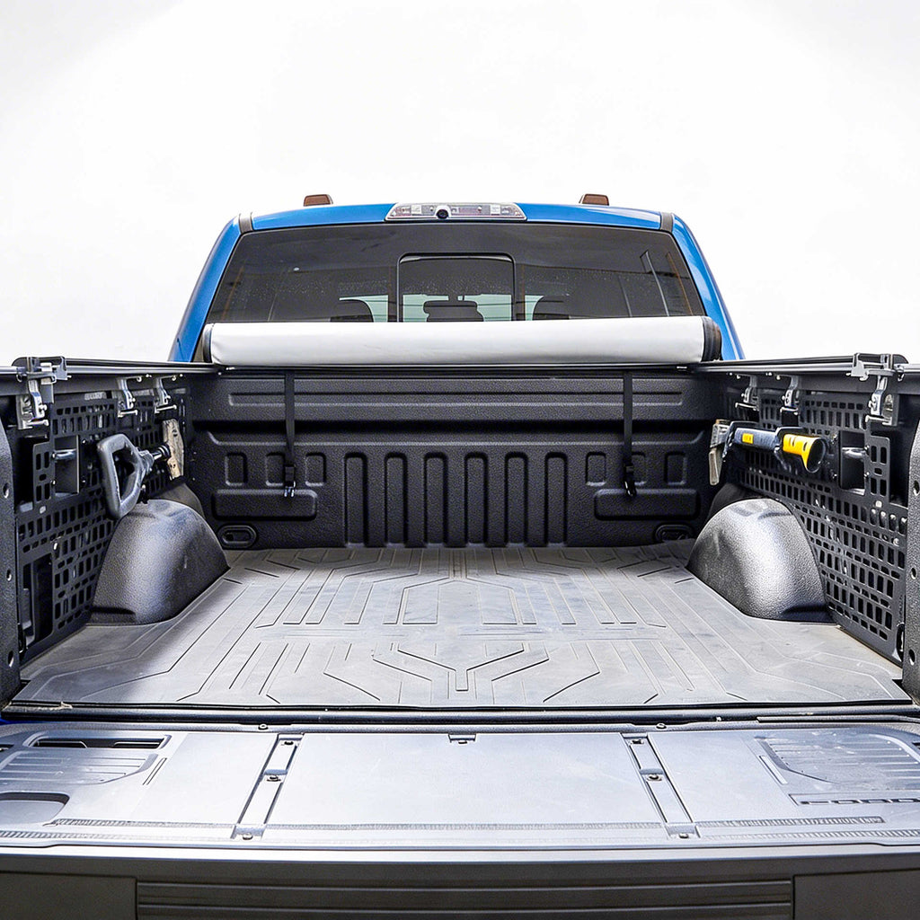 Open truck bed with a roll of JCWIN AUTO soft roll up cover on a white background