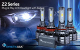 SYNETIC USA Z2 Series plug & play LED headlights with ballast on a dark background