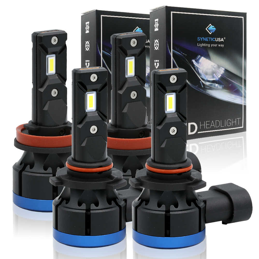 Four car headlight bulbs with SYNETIC USA packaging in the background.