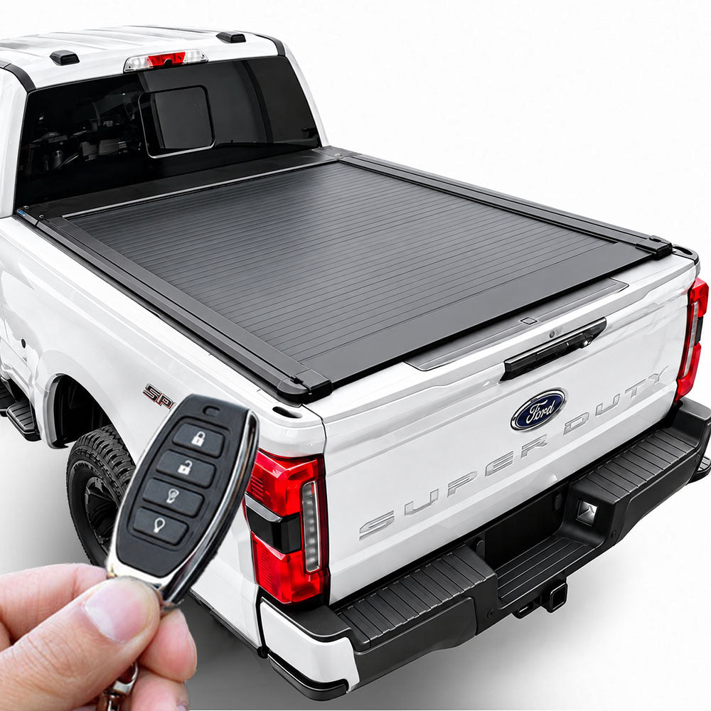 A black roll-up truck bed cover installed on the bed of a white Ford Super Duty pickup truck, shown with a hand holding a key fob in the foreground against a clean white studio background.