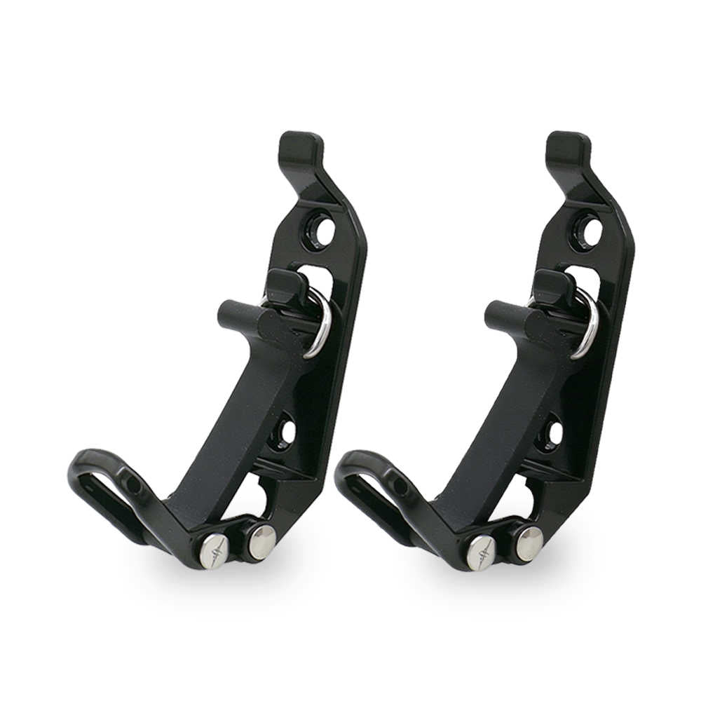 Two black metal mounting brackets with silver screws, shown side by side on a plain white background.
