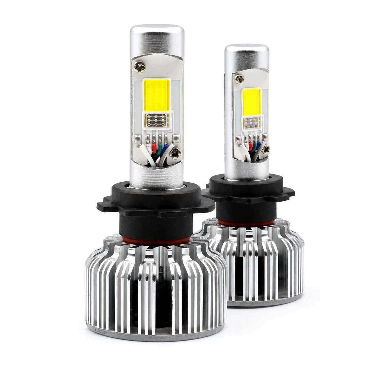 Two COB RGB headlight bulbs with metallic and black design on a white background
