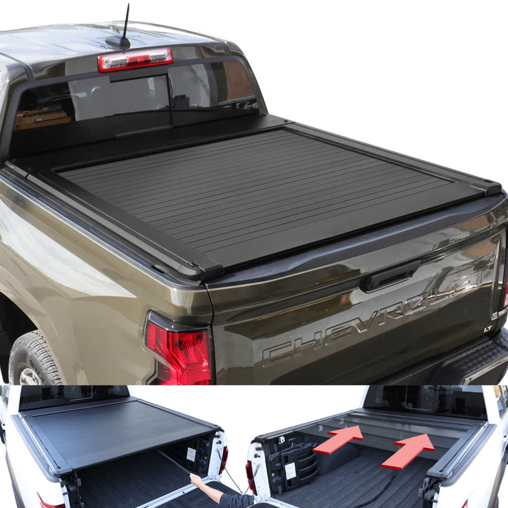 Chevy truck bed with a tonneau cover and an open truck bed showing storage compartments.