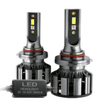 Two CSP RGB LED fog light bulbs with a power supply on a white background