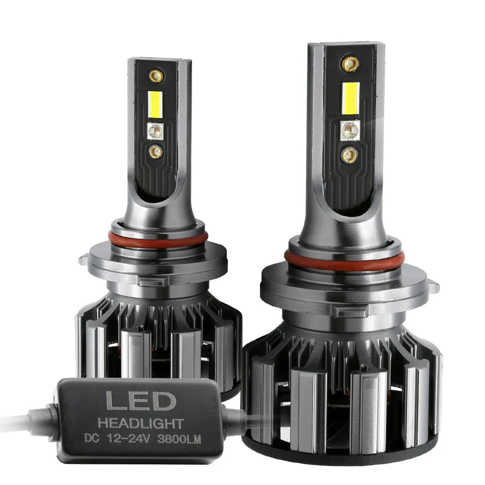Two CSP RGB LED fog light bulbs with a power supply on a white background