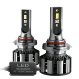 Two CSP RGB LED fog light bulbs with a power supply on a white background