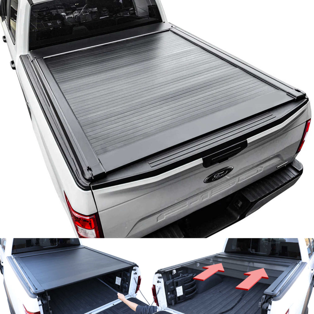 Truck bed with a tonneau cover and open storage compartment showing tools.
