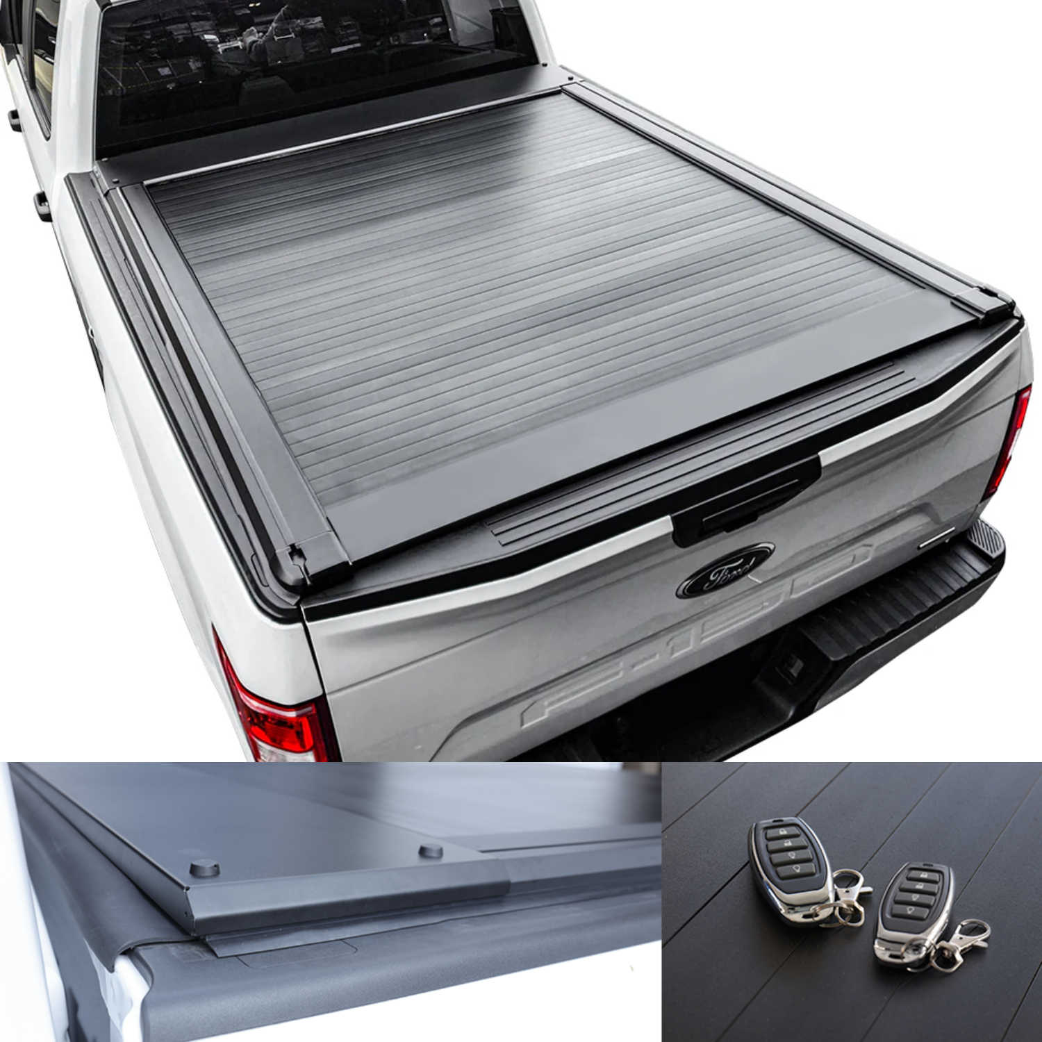 F150 standard truck bed with tonneau cover and key fobs on a white background