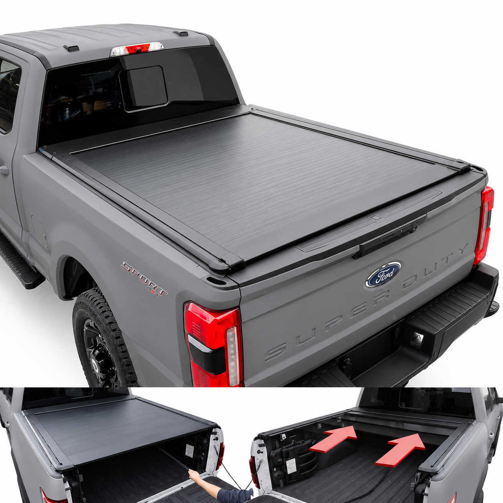 Gray Ford Super Duty truck with a tonneau cover on a white background