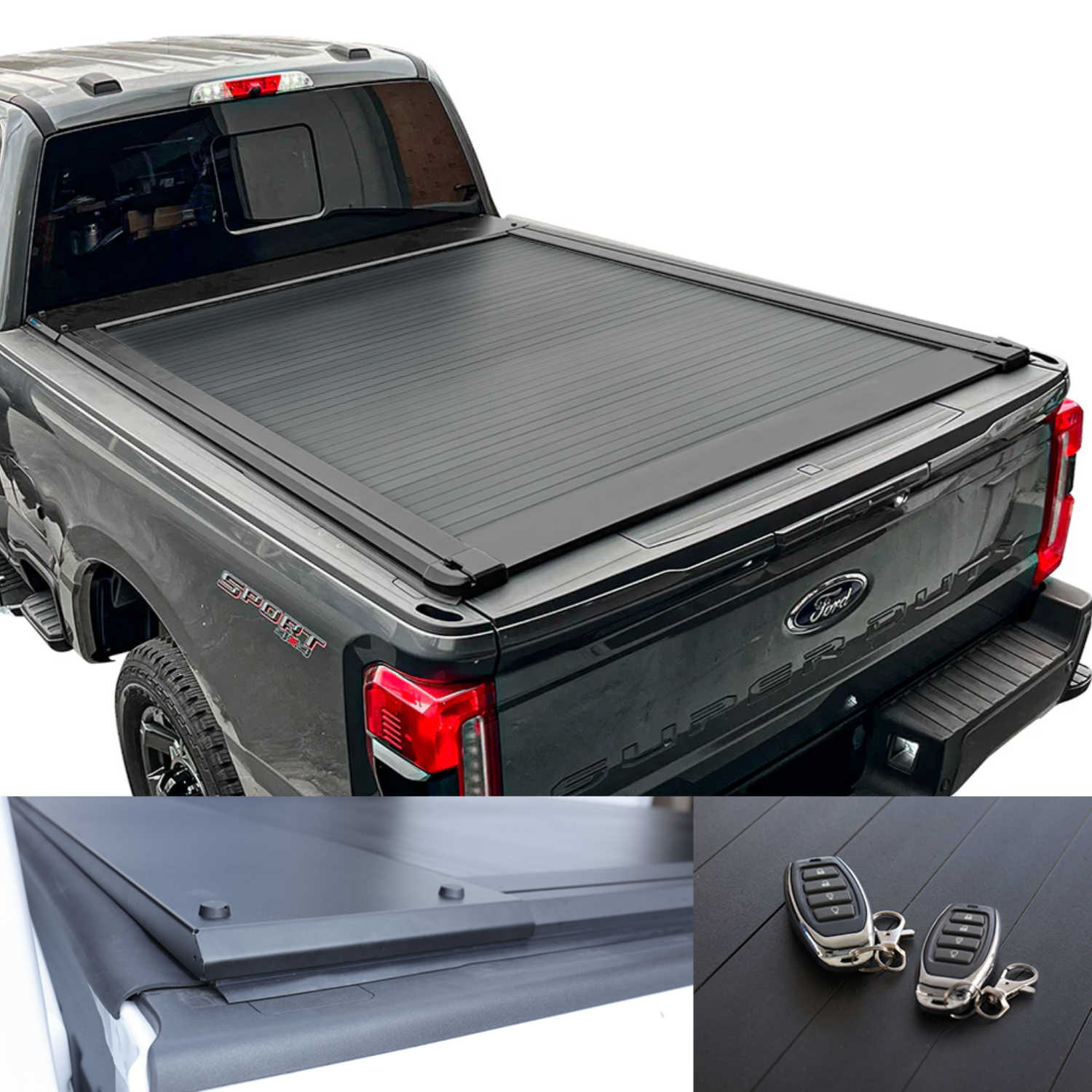 Gray Ford truck with a tonneau cover and remote controls on a white background