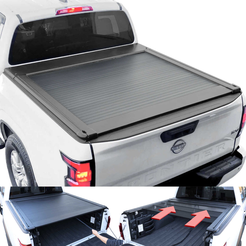 Nissan Frontier truck with a tonneau cover and additional storage compartments.